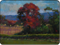 pastel painting, red tree, vinyard landscape
